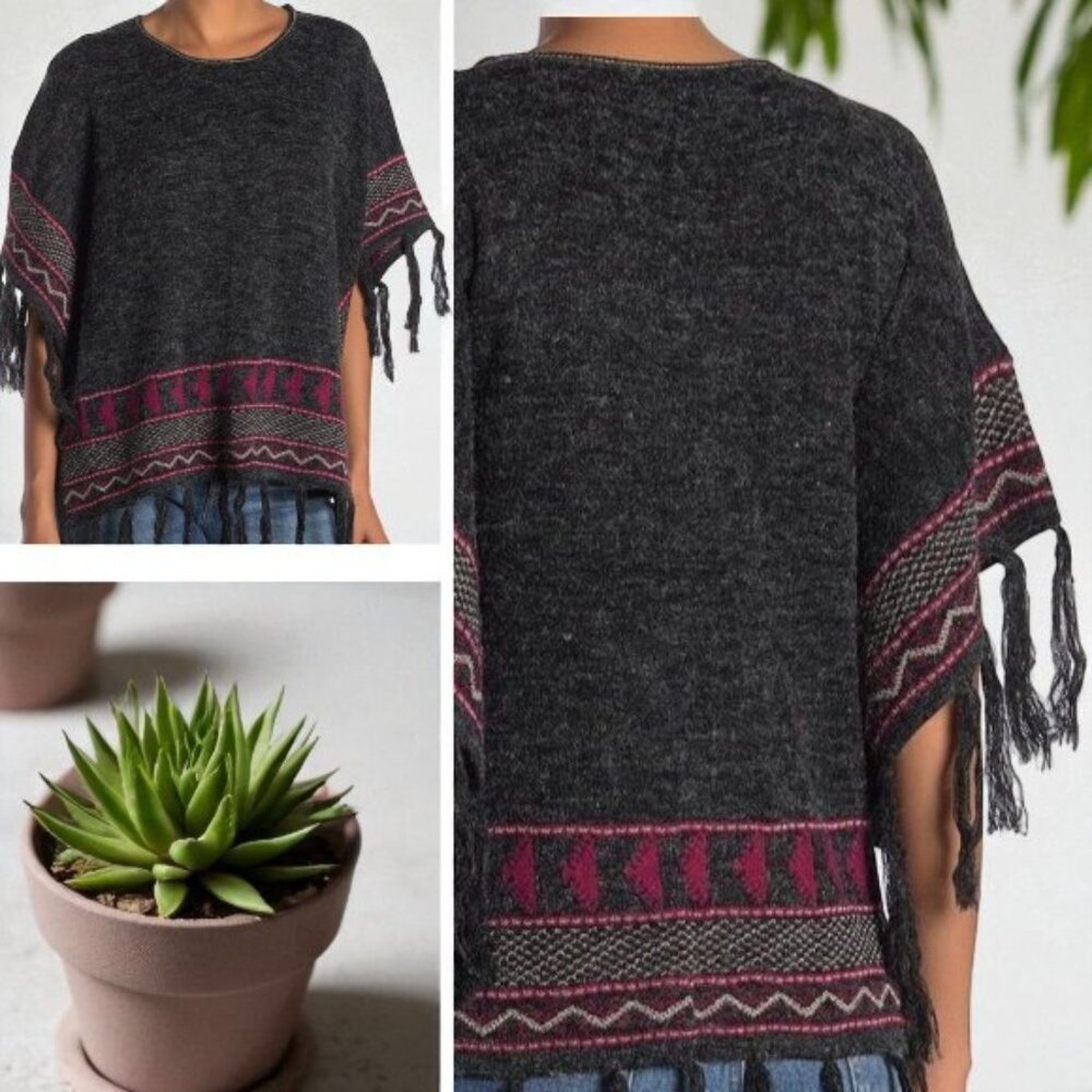 Papillon Brush Popper Dolman Sleeve Tassel Knit Pullover Poncho M/L New W/Tag